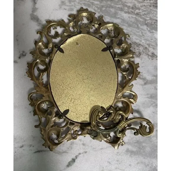 Antique Victorian Heavy Brass Art Nouveau Oval Self Standing Glass Mirror